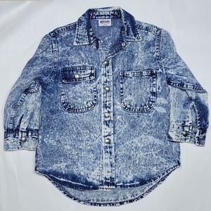 Vintage Kids Brittania Acid Wash Denim Jean Snap Button Long Sleeve Shirt Small